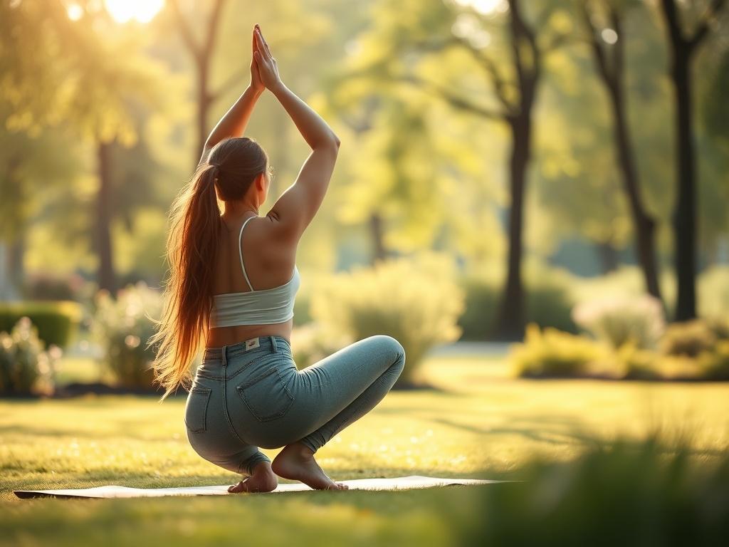 A serene, high-resolution image of a woman practicing yoga outdoors in a peaceful park setting. She is in a gentle pose that reflects balance and tranquility, surrounded by soft greenery and natural light. The atmosphere is calming, with warm tones and a sense of harmony, showcasing well-being and vitality.