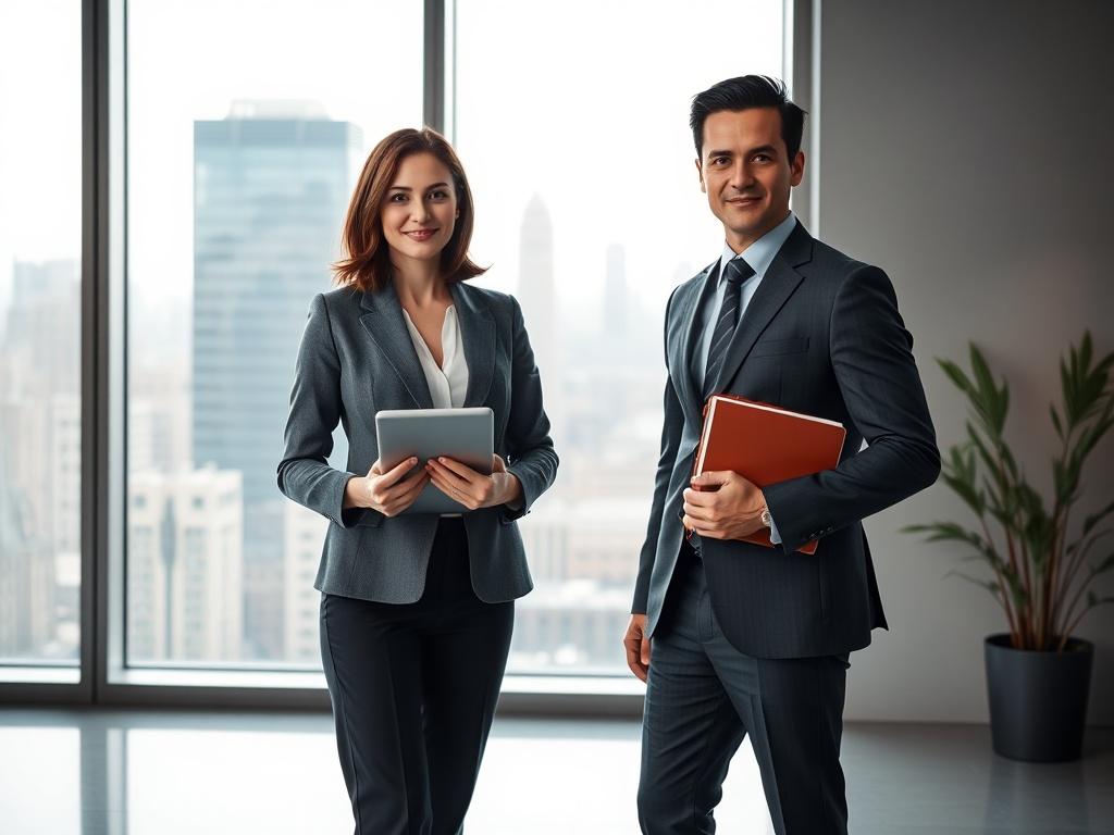 A business woman and man standing confidently in a modern office setting. The woman, with shoulder-length brown hair, is wearing a tailored blazer and holding a tablet, while the man, with short black hair, is dressed in a smart suit and holding a notebook. The background features a large window with a view of New York City skyscrapers, bathed in soft, gentle lighting that creates a peaceful atmosphere. The overall tone is professional and inviting.