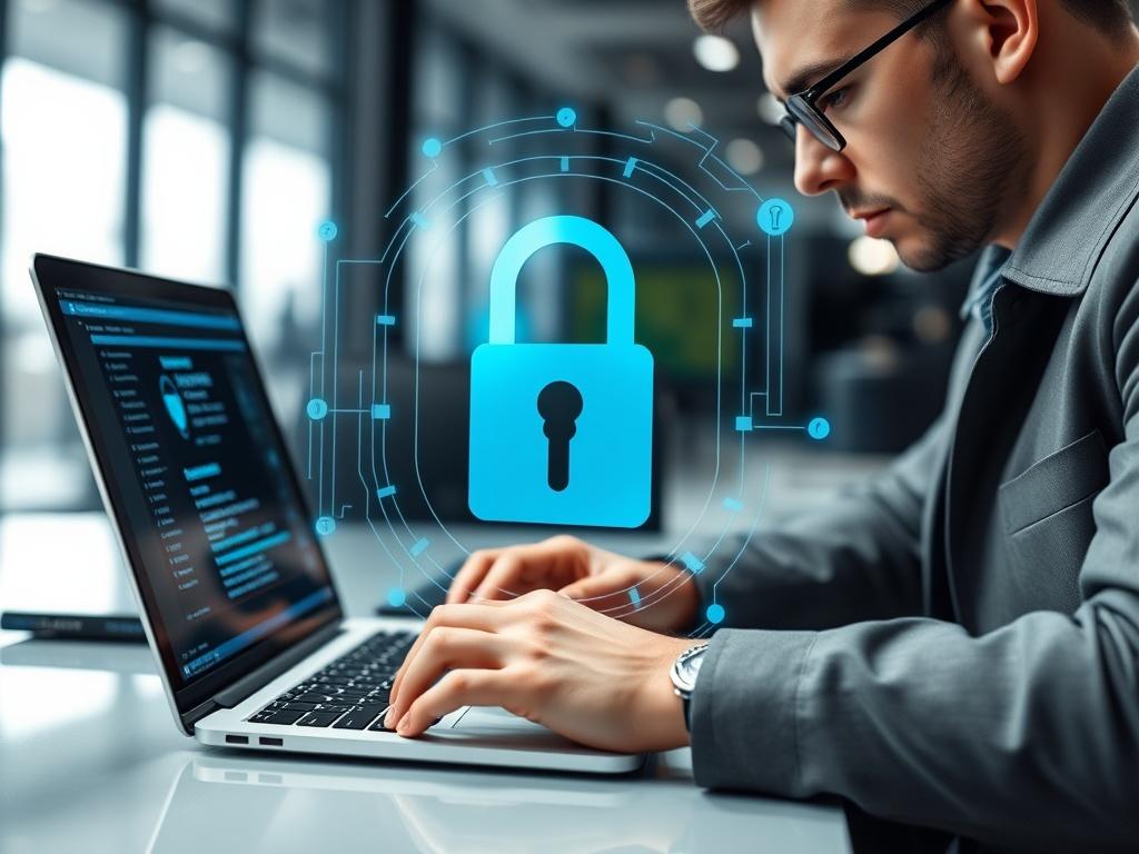 A close up shot of a cybersecurity expert conducting a