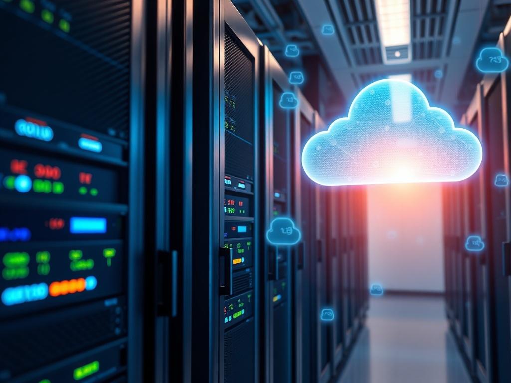 A close up shot of a modern server room with