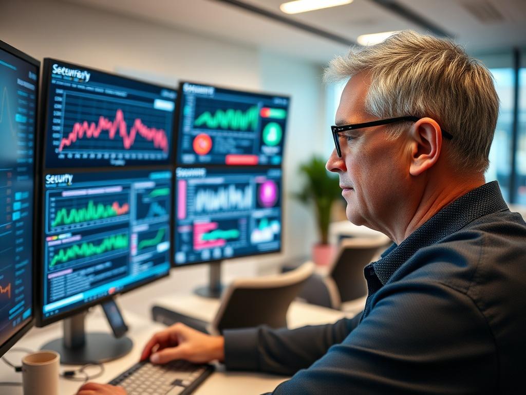 A close up image of a cybersecurity expert analyzing data