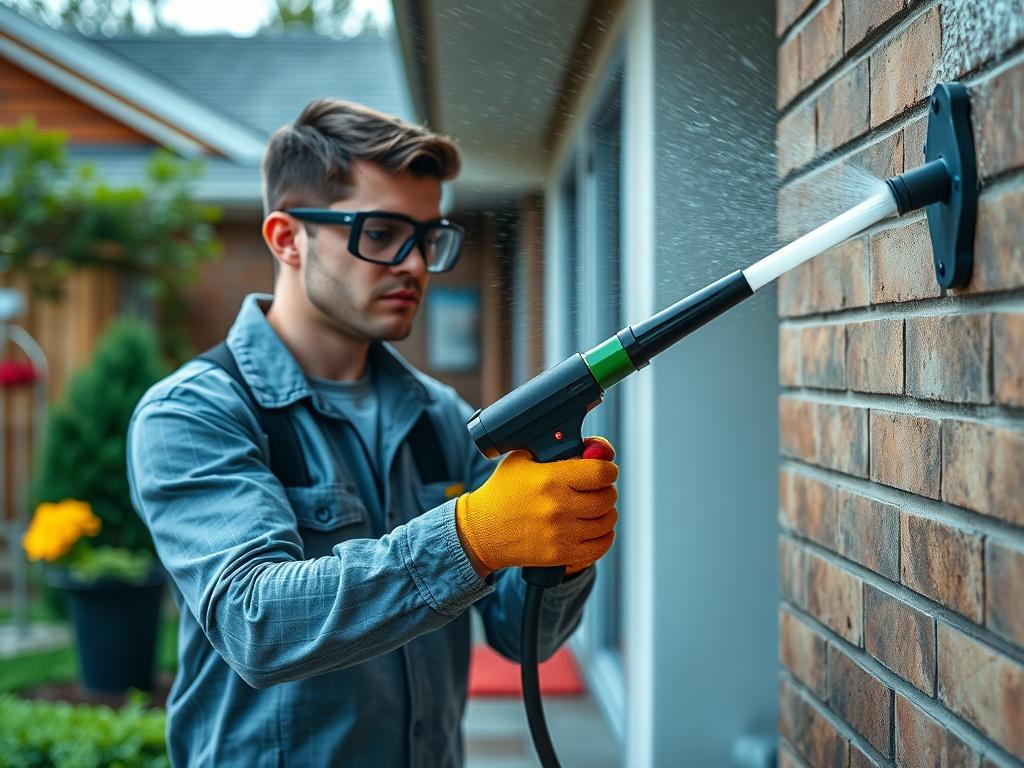 Create a realistic high-resolution photo of a power washing professional in action, focusing on the subject using a high-pressure power washer on a residential home’s exterior wall. The image should capture the moment water is spraying from the nozzle, with a fine mist creating a refreshing effect. 

The professional should be wearing safety gear, including goggles and gloves, to emphasize the importance of safety in power washing. The background should feature a visually appealing suburban setting with a w