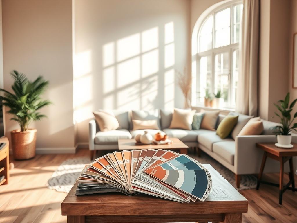 Create a realistic high-resolution photo focusing on a serene and inviting interior space that embodies the essence of selecting paint colors for a home. The composition should feature a single focal point: a beautifully painted living room wall in a soft pastel hue, showcasing the gradual transition of tones from light to slightly darker shades. Ensure there is an array of paint swatches neatly displayed on a small wooden table in the foreground, hinting at the art of color selection. 

The background shou