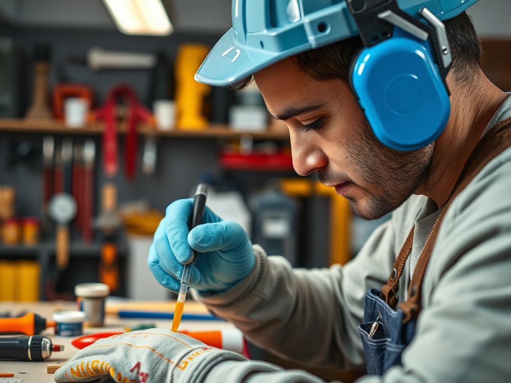 A close-up shot of a professional painter at work, applying paint with precision. The background shows an organized workspace with tools neatly arranged, highlighting the efficiency and professionalism of the team. The lighting accentuates the vibrant colors being used, showcasing the commitment to quality and timely execution.