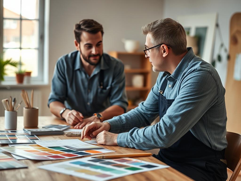 A close-up shot of a client discussing their project with a painter, showcasing collaboration and engagement. The background features paint samples and design ideas laid out on a table, emphasizing the customer-centric approach. The warm lighting creates a welcoming atmosphere, reflecting the open communication and partnership.