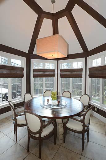 Dining room with wood beams