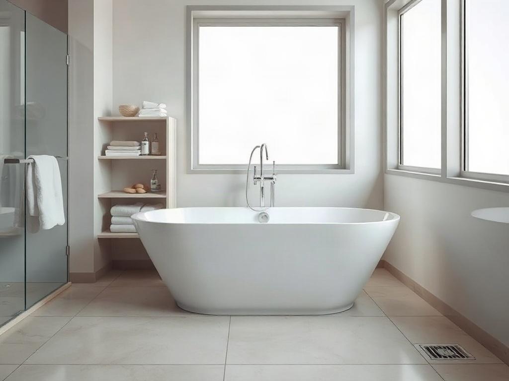 Create a realistic high-resolution photo that reflects the theme of a blog titled "Bathroom Design Choices That Make Cleaning Easier." The composition should be simple and clear, featuring a modern, elegantly designed bathroom as the sole subject. 

The focal point of the image should be a pristine, contemporary bathtub, preferably a freestanding style with sleek lines and a glossy finish, positioned on a stylish tiled floor. Surround the bathtub with minimalist shelving that may hold a few well-organized c