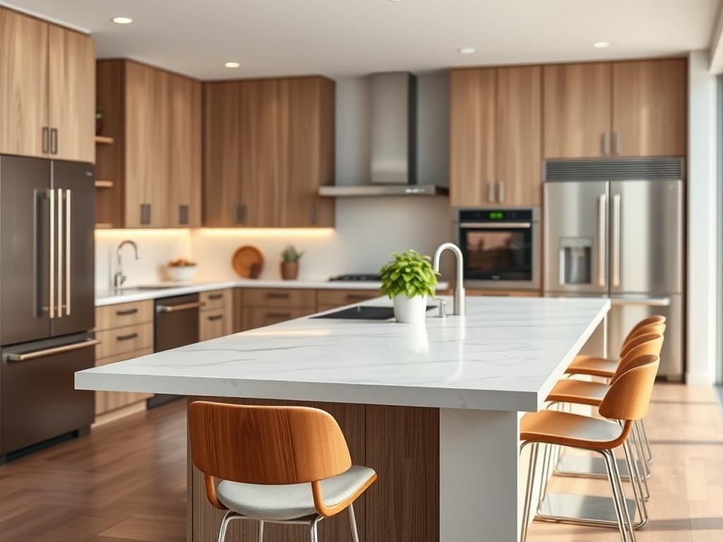 **Prompt for AI Image Generator:**

Create a realistic high-resolution photo focused on a beautifully designed modern kitchen that exemplifies aesthetics and functionality. The composition should be simple and clear, featuring a single subject: a stunning kitchen island with a sleek quartz countertop. The island should have elegant bar stools placed around it, showcasing a stylish, inviting design. In the background, include soft-focus cabinetry with integrated lighting, and high-end stainless steel applian