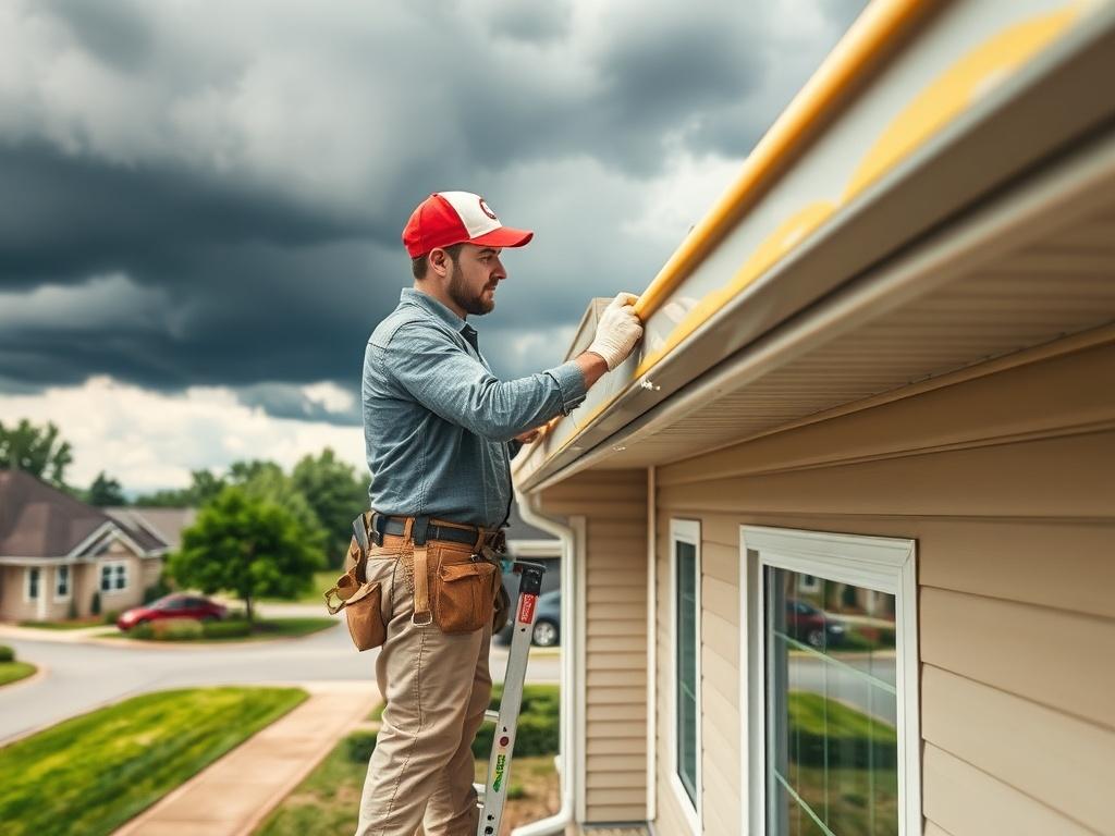**AI Image Generation Prompt:**

Create a realistic high-resolution photo featuring an experienced exterior painting contractor standing on a residential property’s ladder, applying a fresh coat of paint to the eaves of a house. The contractor should be dressed in work attire, including a branded hat and safety gear, focusing intently on the task at hand. The setting is bright and sunny, but there are dark rain clouds brewing in the distance, clearly illustrating the potential for weather interruptions. 

T