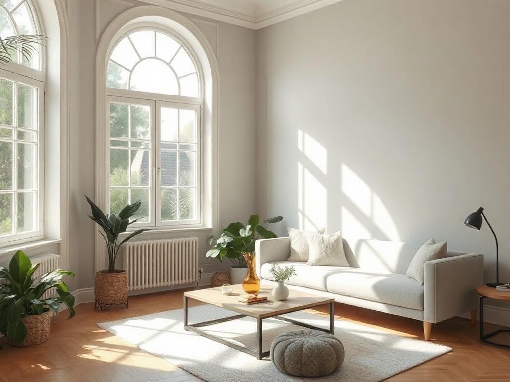 **AI Image Generation Prompt:**

Create a realistic high-resolution photo focusing on an elegantly painted interior room bathed in natural light. The composition should feature a single subject: a beautifully crafted living space with a large window allowing soft, warm sunlight to stream in. The walls should be painted in a soothing, light color that enhances the brightness of the room and complements the natural light. Include tasteful decor elements like a plush sofa, a stylish coffee table, and a few vib