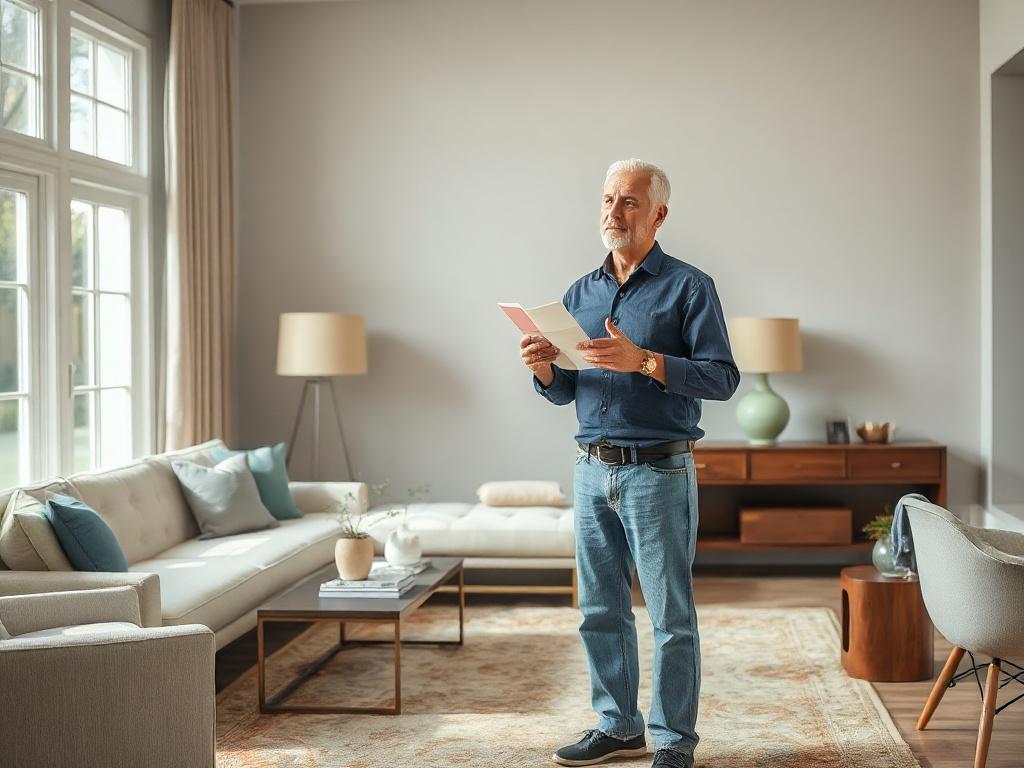 Create a highly detailed, realistic high-resolution photo that captures the essence of the blog titled "Color Consulting Starts With How You Use the Room, Not the Color Wheel." The main subject should be a professional color consultant standing in a beautifully styled living room, thoughtfully observing the space. The consultant, a middle-aged person of diverse ethnicity, is dressed casually yet stylishly, holding a color swatch in one hand while gesturing with the other, indicating a discussion about color