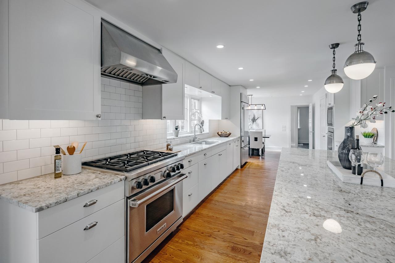 Bright kitchen interior with large counter