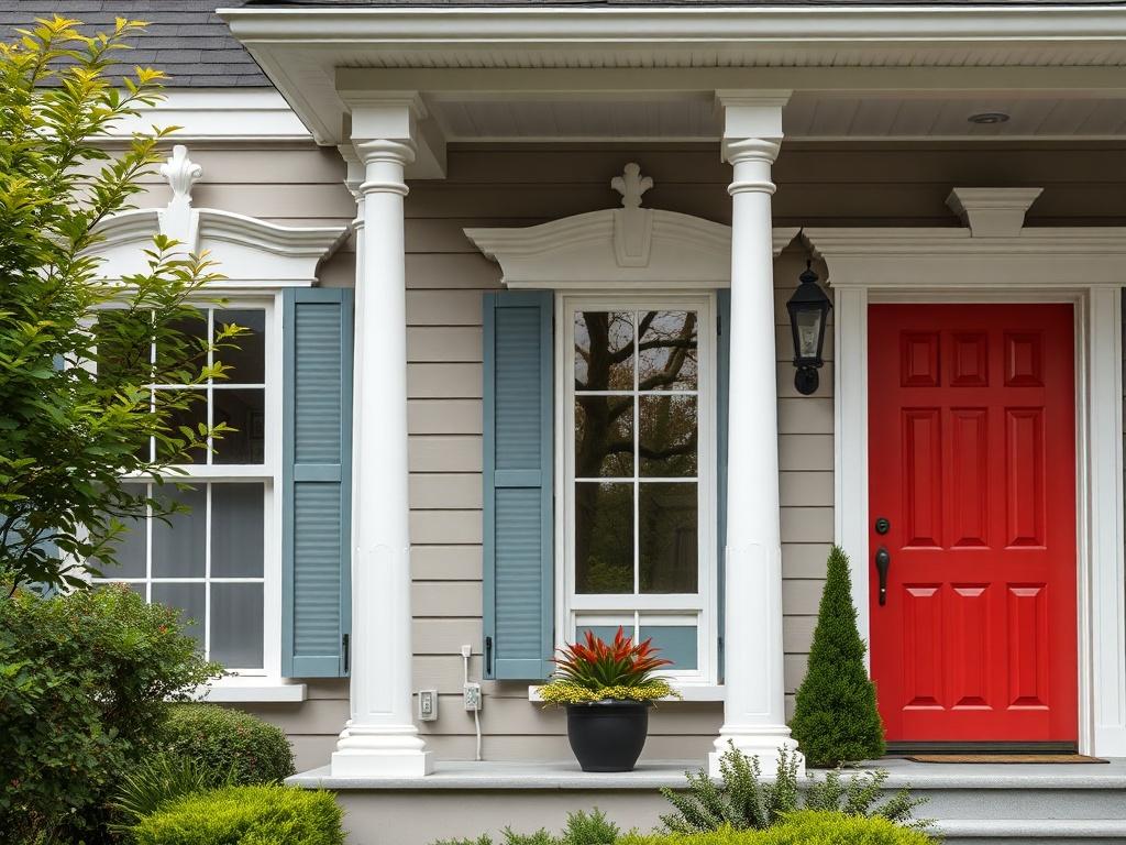 An elegant family home exterior showcasing a sophisticated color scheme. The composition features a well-maintained facade with freshly painted trim, shutters, and a vivid front door. Lush landscaping surrounds the home, enhancing its curb appeal. The image captures the beauty of the exterior in high resolution, highlighting the attention to detail and craftsmanship that went into the painting.