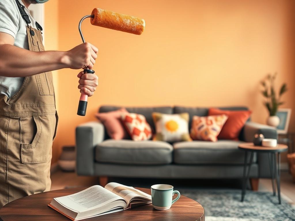 **Prompt for AI Image Generator:**

Create a realistic high-resolution photo of a cozy and lived-in living room where interior painting services are performed. The main subject is a professional painter, dressed in overalls and wearing a paint mask, skillfully applying a fresh coat of soft, warm-colored paint on one wall. Focus closely on their hands holding a paint roller, covered in paint, as they work at a slight angle to emphasize movement and effort.

In the background, display a comfortable sofa with 