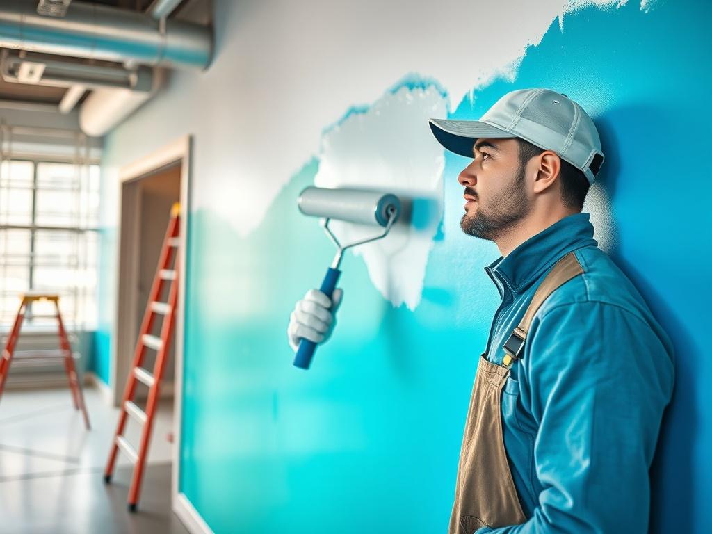 **AI Image Generation Prompt:**

Create a realistic high-resolution photo focusing on a skilled painter applying a fresh coat of vibrant paint to a commercial building's interior wall. The painter should be depicted in action, with a paint roller in one hand, and wearing a professional-quality painter's uniform complete with a cap and gloves. The wall being painted should showcase a striking, eye-catching color, ideally in shades of blue or green, to symbolize a modern and refreshed space.

In the backgroun