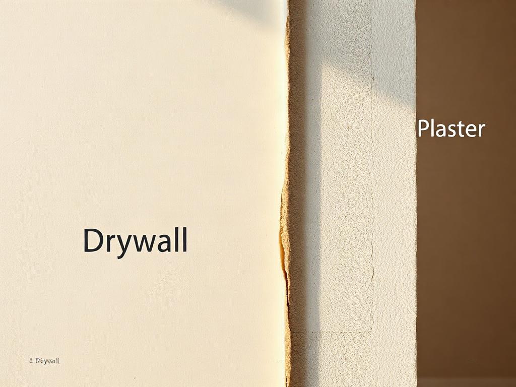 **AI Image Generation Prompt:**

"Create a realistic, high-resolution photograph of a close-up shot of two wall sections side by side—one made of drywall and the other made of plaster. The drywall section should appear smooth, unfinished, and slightly yellowed, with visible seams and screws, emphasizing its lightweight and modern nature. In contrast, the plaster section should have a textured, uneven surface, showcasing small cracks and imperfections that highlight its traditional, sturdy characteristics. 
