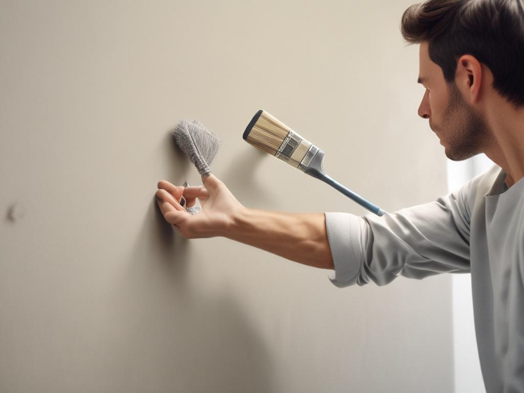 A close-up shot of a professional painter carefully applying a smooth coat of paint on an elegant home's wall using a brush, with soft natural light highlighting the fresh paint texture and a blurred sophisticated interior background in teal tones.