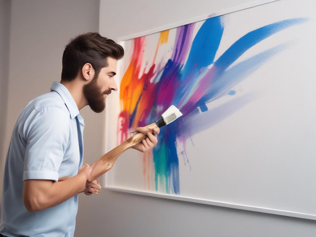 A close-up photo of a painter applying a fresh coat of bright paint on a modern office wall, using a roller with precise strokes, under bright indoor lighting, with a sleek commercial interior blurred in the background.