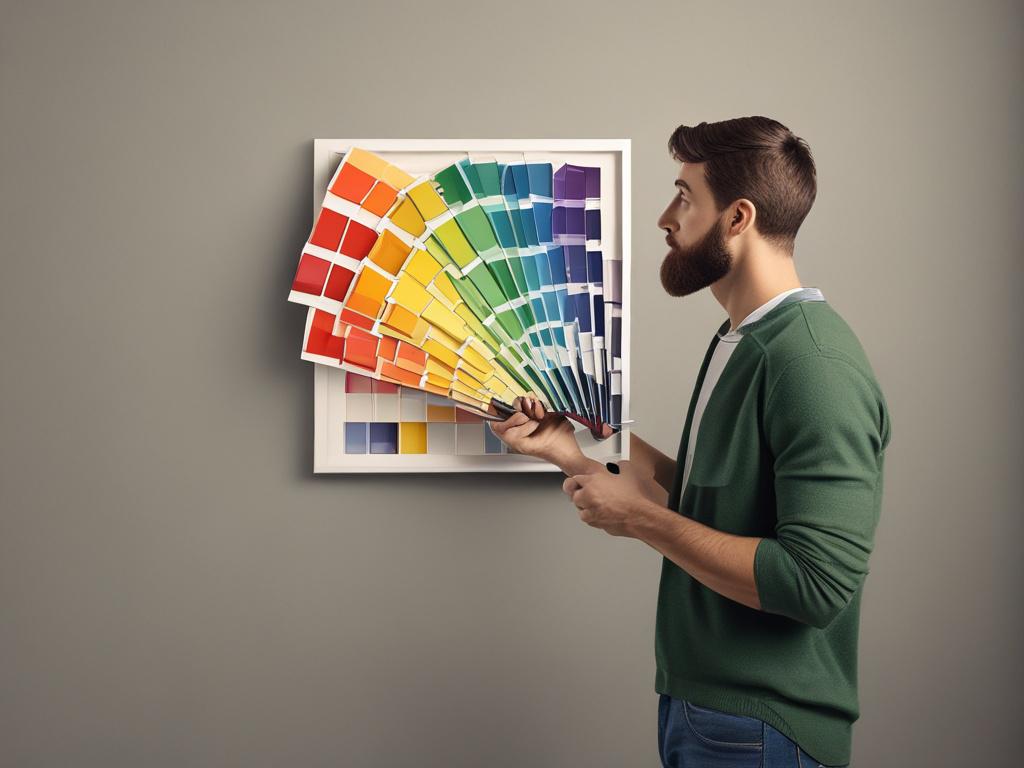 A close-up shot of a professional color consultant holding a palette of paint swatches against a stylish interior wall, with natural light illuminating the rich color options and a blurred modern living room background in teal hues.