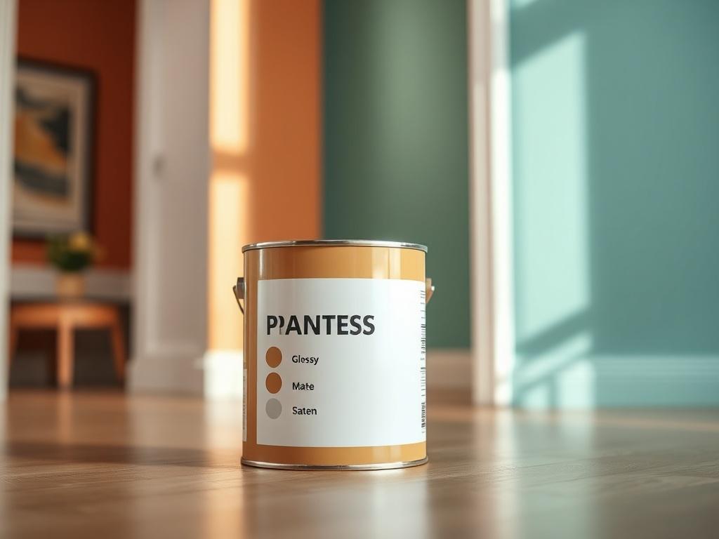 **AI Image Generation Prompt:**

Create a highly realistic, high-resolution photo that represents a blog titled "Understanding Paint Finishes: A Complete Guide for Homeowners." The image should focus on a single, clear subject: a paint can featuring a variety of paint finishes labeled clearly on its side. The paint can should be positioned prominently in the center of the composition, showcasing a glossy finish, a matte finish, and a satin finish, all with distinct sheen levels.

In the background, incorpor