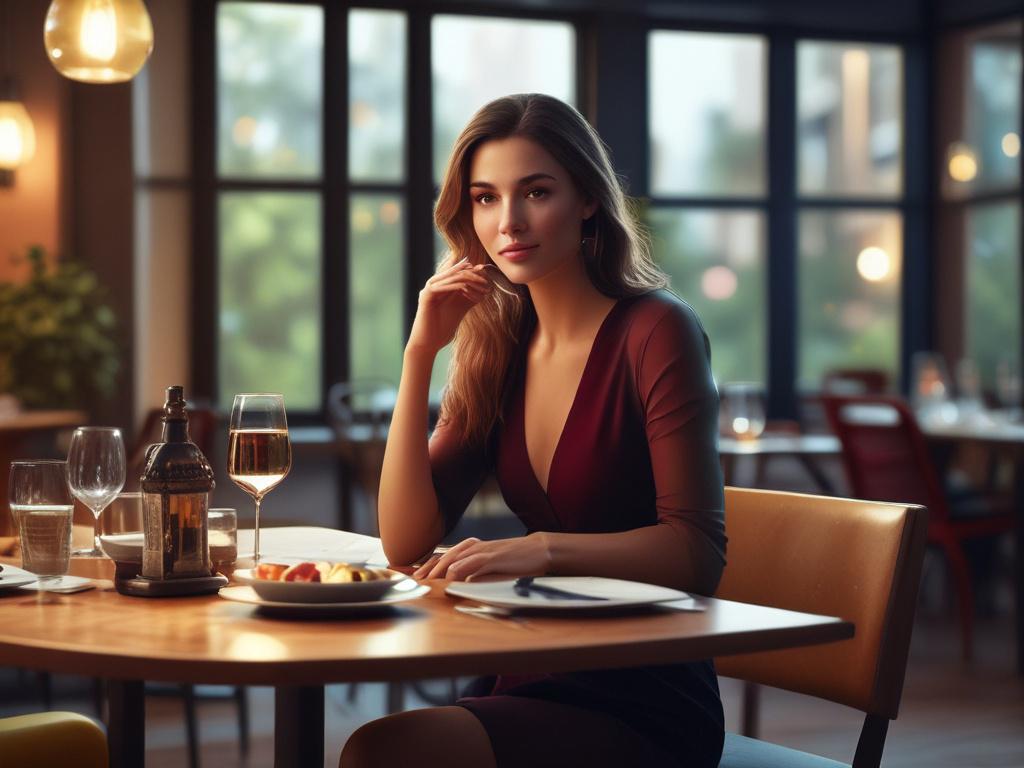 A beautiful woman seated at an elegantly set table in
