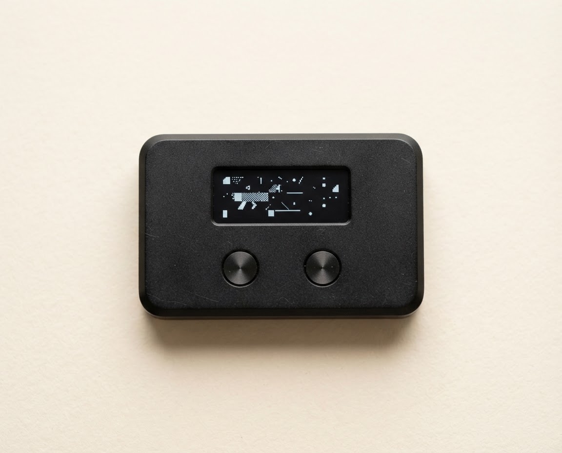 Close-up of a compact hardware wallet with a small screen and tactile buttons