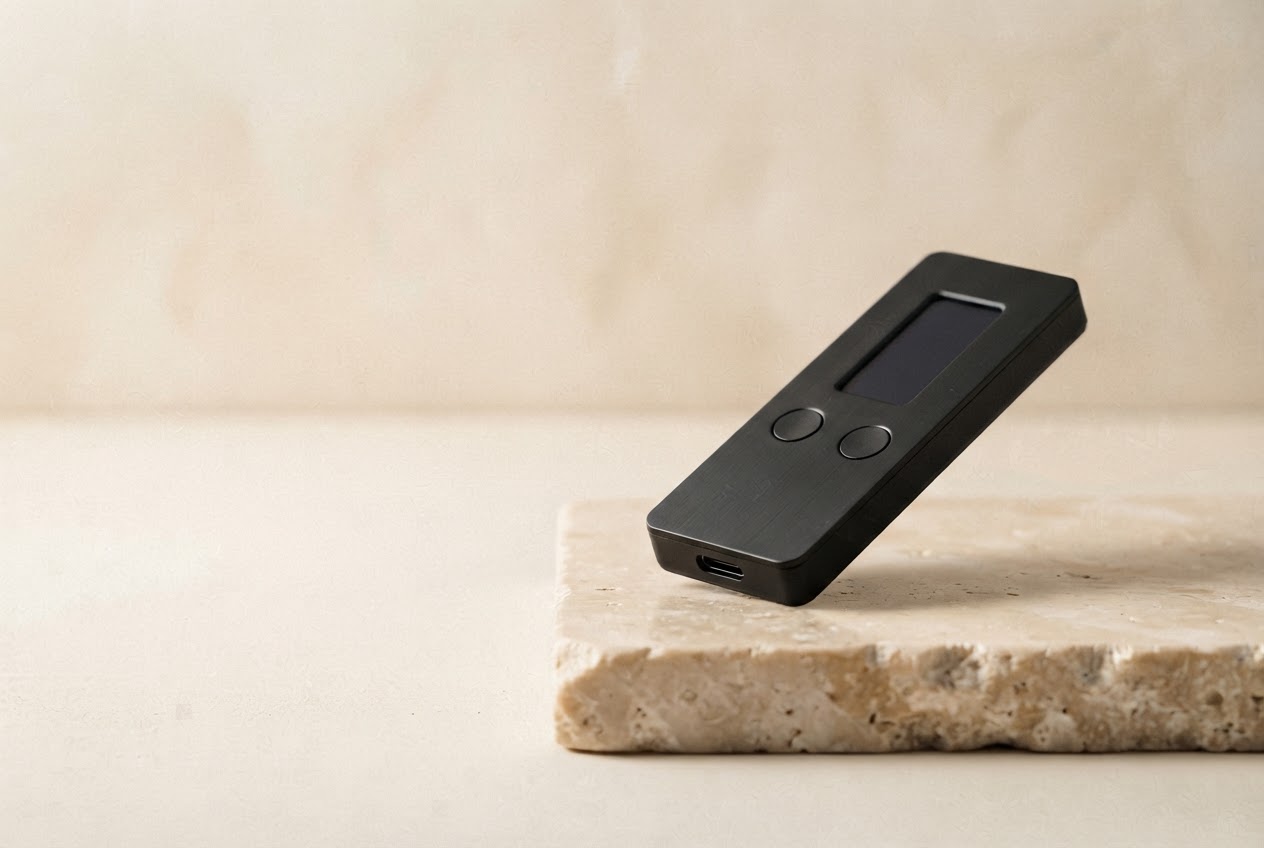 Minimal black hardware wallet on a warm stone display