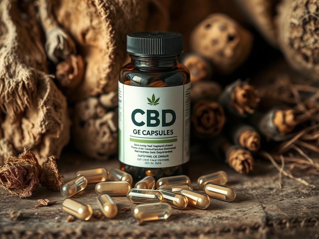 A close up of a bottle of CBD capsules with