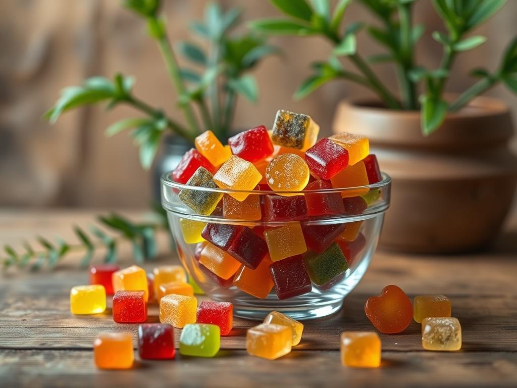 A vibrant assortment of colorful CBD gummies displayed in a