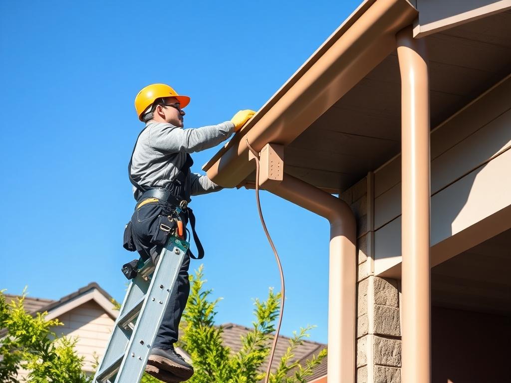A realistic high-resolution photo of a professional worker cleaning gutters on a residential building. The worker is wearing safety gear, including gloves and a helmet, and is using a ladder to access the gutters. The background shows a clear blue sky and a well-maintained house with vibrant greenery around it. The composition focuses on the worker and the gutter, highlighting the cleanliness and effectiveness of the service.