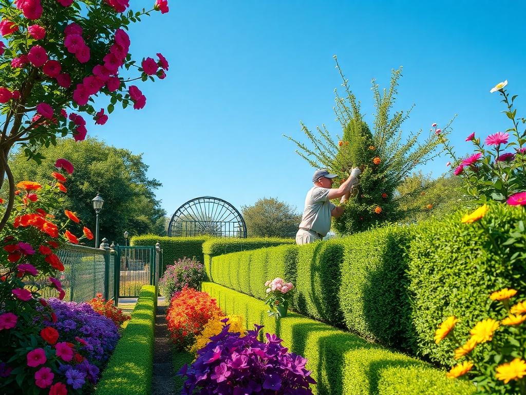 A vibrant, well-maintained garden showcasing a variety of colorful flowers, lush green plants, and neatly trimmed hedges. The scene captures a gardener in action, pruning a shrub with care. The background features a clear blue sky, emphasizing the beauty of nature. The composition is simple and clear, focusing on the gardener and the flourishing garden, with clean lines and bold colors to reflect a lively atmosphere.