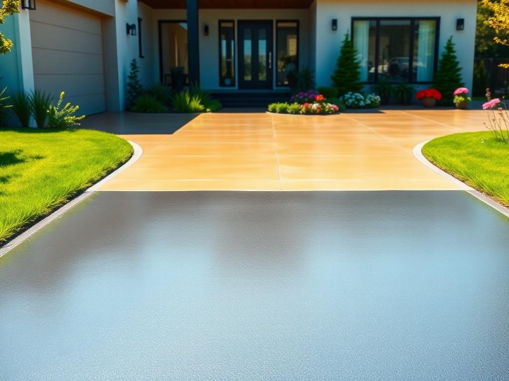 A high-resolution image of a freshly sealed driveway, showcasing a smooth, shiny surface that reflects the sunlight. The driveway should be bordered by lush green grass on one side and a tidy garden with colorful flowers on the other. The background should feature a modern home, emphasizing the aesthetic appeal of a well-maintained property. The composition should be minimalistic with clean lines and vibrant colors, focusing on the driveway as the main subject.