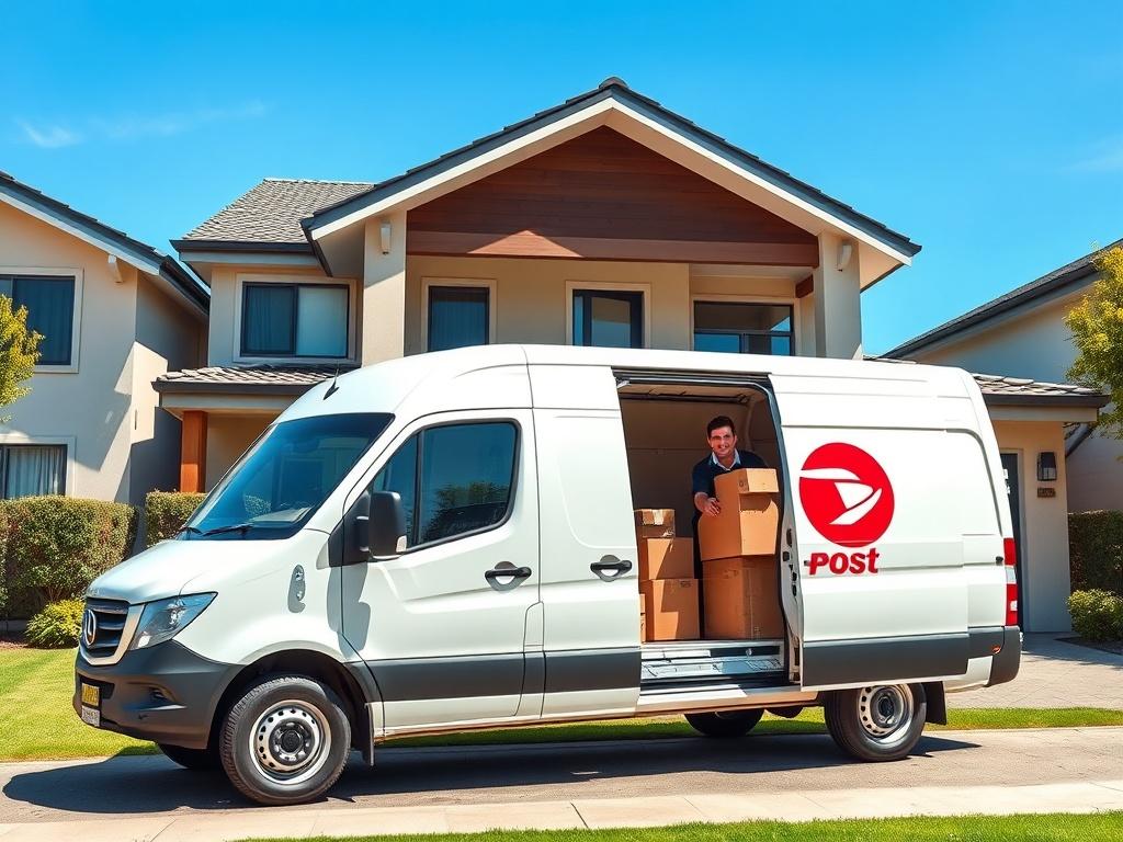 A realistic high-resolution photo of an Australian post van parked in front of a modern house, with a friendly removalist unloading boxes from the van. The background features a clear blue sky and a well-maintained lawn, showcasing a vibrant and welcoming neighborhood. The van is prominently displayed, emphasizing its role in the removalist service, while the removalist is seen smiling and assisting with the move. The composition is simple and clear, focusing on the van and the removalist.