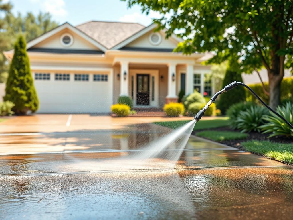 A realistic high-resolution photo of a driveway being pressure washed. The image should showcase a professional pressure washer in action, with water spraying and dirt being removed from the driveway surface. The background should feature a clean, well-maintained home and lush greenery, emphasizing a fresh and inviting atmosphere. The composition should be simple, focusing solely on the driveway and pressure washing process, with vibrant colors and minimalistic design.