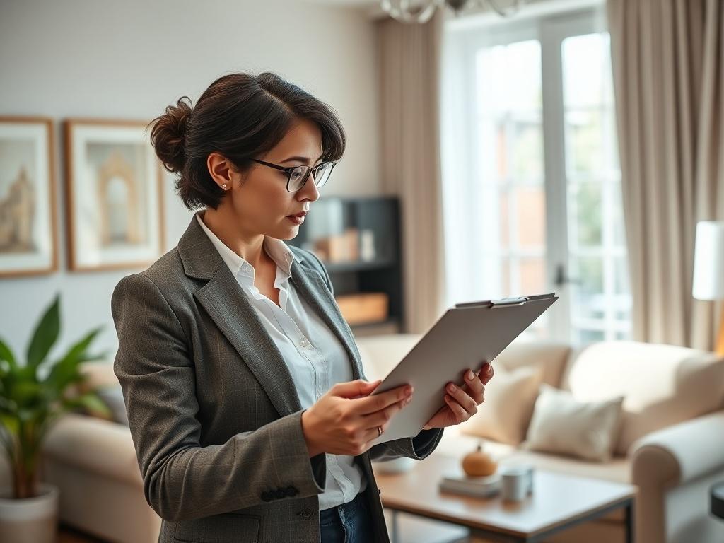 A realistic high-resolution image of a professional real estate agent conducting a home evaluation in a beautifully staged living room. The agent is focused on analyzing property details, with a clipboard in hand and a thoughtful expression. Soft natural light filters through the window, highlighting the elegant decor. The background features a cozy sofa and tasteful artwork, creating a warm and inviting atmosphere.