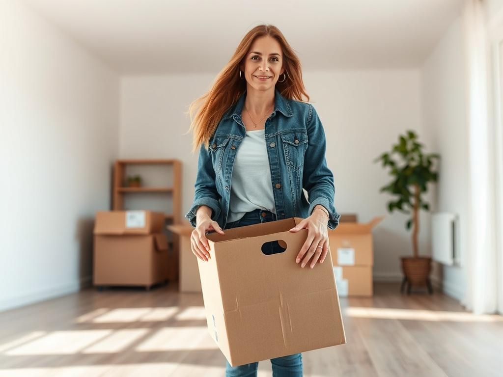 **AI Image Generation Prompt:**

Create a realistic high-resolution photo that encapsulates the theme of starting fresh after a divorce, specifically illustrating the concept of moving forward with confidence. The image should focus on a single subject—a woman in her mid-30s, standing in an empty room that is in the process of being moved into. 

**Subject Matter:**
The woman should have an expression of determination and optimism, reflecting her emotional journey of transforming her life after divorce. She
