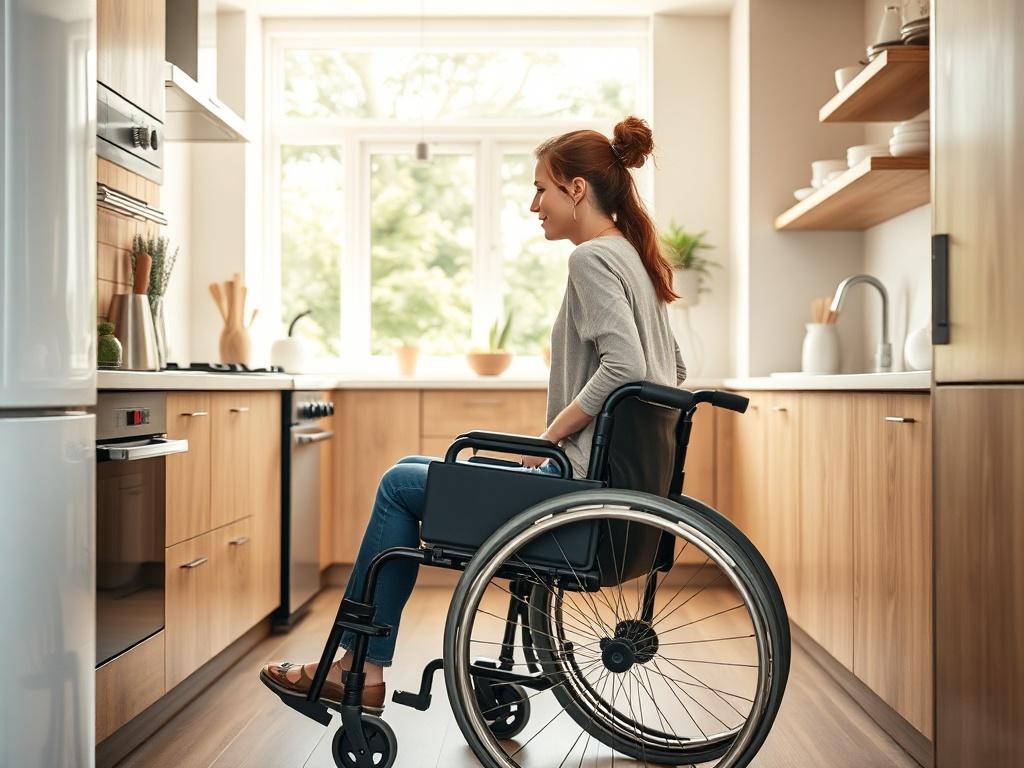 A high-resolution image focusing on a modern kitchen designed for accessibility, featuring a woman in a wheelchair comfortably navigating the space. The kitchen should have lower countertops, pull-out shelves, and easy-to-reach appliances, showcasing a seamless blend of functionality and style. The background should be bright and welcoming, with natural light illuminating the space, emphasizing inclusivity and thoughtful design.