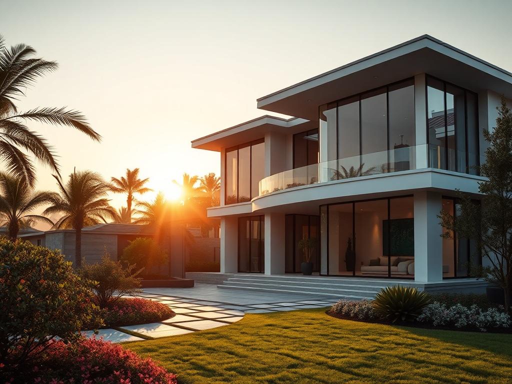A stunning luxury home exterior, showcasing modern architectural design with large glass windows and a beautifully landscaped garden. The sun is setting in the background, casting a warm glow over the scene. The focus is on the elegant lines and features of the house, emphasizing its luxurious appeal. The composition should be simple and clear, capturing the grandeur of the property in high-resolution detail.