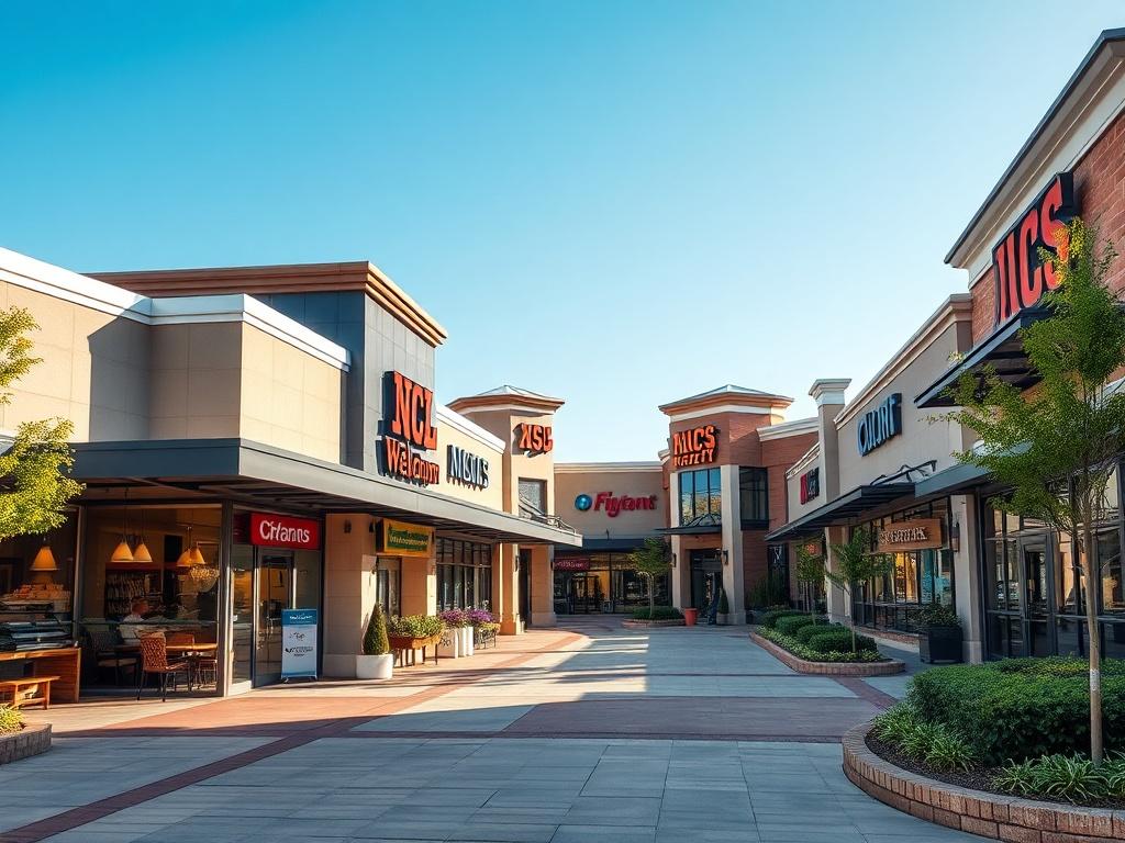 A modern strip mall showcasing various storefronts, featuring a clear blue sky in the background. The foreground focuses on a welcoming entrance with vibrant signage, clean pathways, and lush landscaping. The composition highlights the variety of shops, including cafes, retail stores, and service businesses, all designed with a contemporary aesthetic. The image is shot in hyper-realistic detail, capturing the essence of a bustling commercial hub.