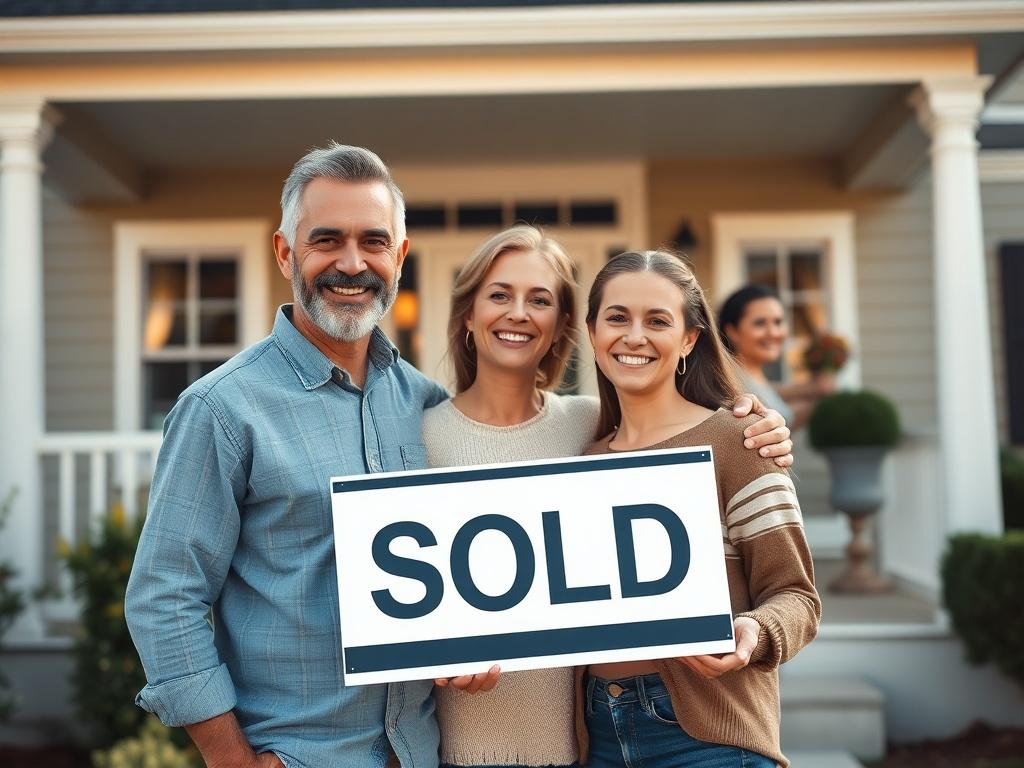 A close-up shot of a smiling family standing in front of their new home, showcasing joy and accomplishment. The background features a beautiful, well-maintained house with a welcoming porch. The image focuses on the family, capturing their excitement as they hold a 'Sold' sign. The lighting is bright and warm, enhancing the feeling of happiness and success. The composition is simple, with the family as the central subject, and the house slightly blurred in the background.