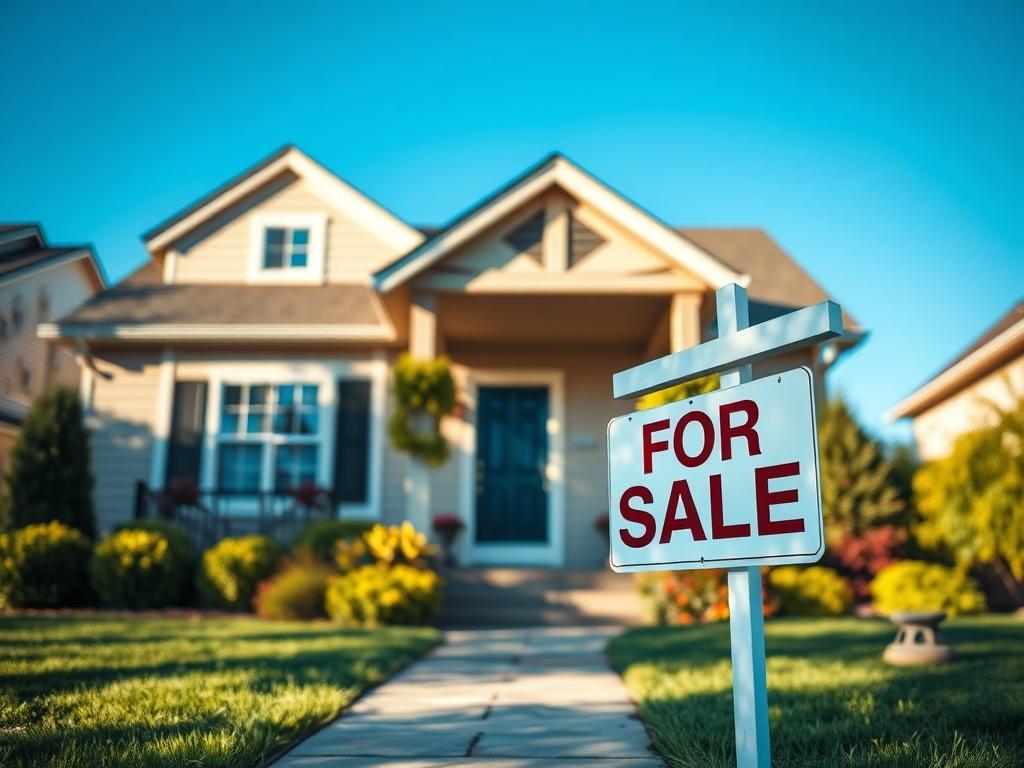 A close-up shot of a welcoming home with a 'For Sale' sign in the front yard, showcasing a beautifully maintained landscape. The image should capture the warmth and inviting nature of the property, with clear blue skies in the background, emphasizing a sense of opportunity and new beginnings. The focus should be on the front door and the sign, creating a feeling of readiness for potential buyers.