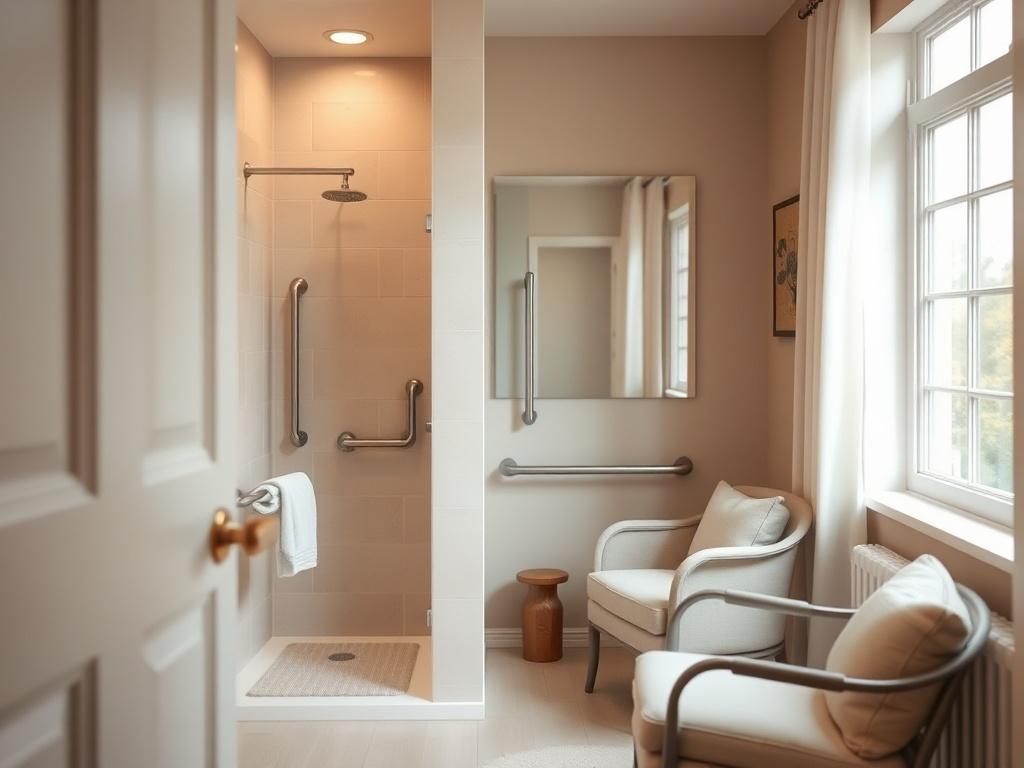 A warm and inviting interior of a home showcasing Aging-in-Place solutions. The focus is on a beautifully designed accessible bathroom featuring grab bars, a walk-in shower, and a comfortable chair. The scene should convey a sense of safety and comfort, with soft lighting and neutral colors. The composition should be simple, highlighting the bathroom's features without distractions, creating a welcoming atmosphere.