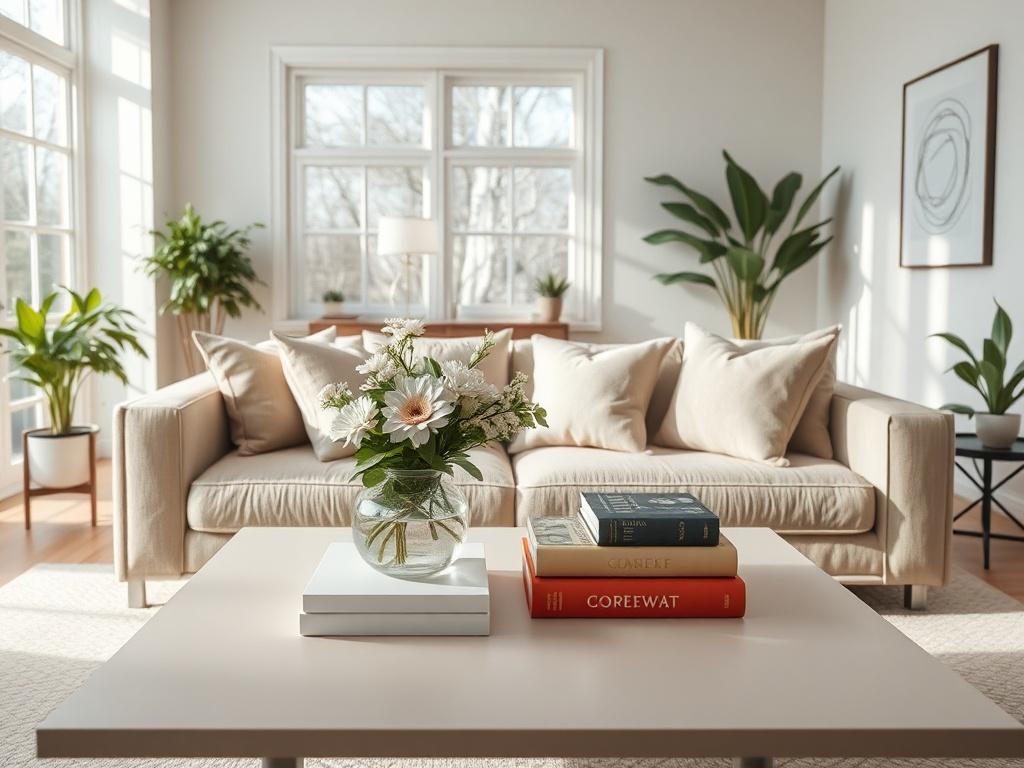 Create a highly realistic high-resolution image that illustrates the concept of home staging secrets for sellers. The composition should be simple and clear, featuring just a beautifully staged living room as the single subject. 

In the foreground, showcase a cozy, inviting sofa adorned with soft, neutral-colored throw pillows, arranged invitingly to exude warmth. On the coffee table, include a stylish arrangement of fresh flowers in a minimalist vase and a few carefully placed decorative books that sugges
