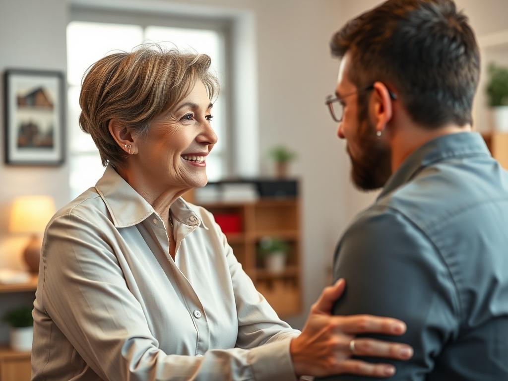 A close-up shot of a compassionate real estate agent speaking with a client in a well-lit, welcoming office environment. The agent is a middle-aged woman, smiling and engaging with a younger man, who appears to be listening intently. The background should include elements of a real estate office, such as a desk with property listings and a warm, inviting atmosphere.