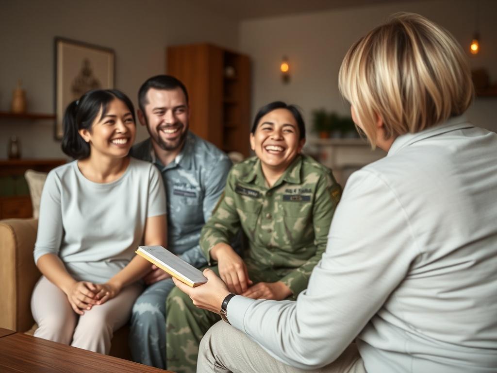An emotionally resonant image of a military family, including a service member in uniform, joyfully interacting with a real estate agent in a cozy living room setting. The agent is offering guidance with empathy, while the family appears relieved and happy. The background should be a warm, inviting home environment.