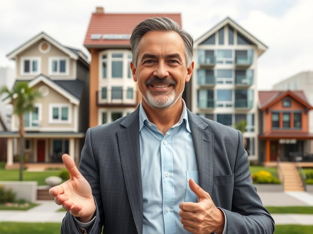 A high-resolution image depicting a confident real estate agent standing in front of a diverse range of properties, including a residential home, a commercial building, and an investment property. The agent is a middle-aged man with a professional demeanor, gesturing towards the properties, creating an inviting and knowledgeable atmosphere.