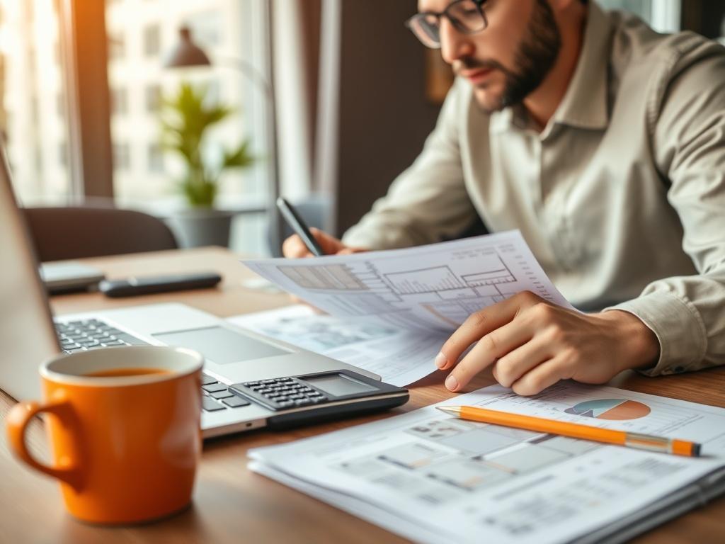 A close-up shot of a real estate investor reviewing blueprints and financial documents in a modern office setting. The focus should be on a well-organized desk with a laptop, a calculator, and a coffee cup beside a stack of property listings. The background should be softly blurred, emphasizing the investor's thoughtful expression as they strategize their next investment. The color scheme should harmonize with shades of orange, reflecting the primary color rgb(248, 140, 2).