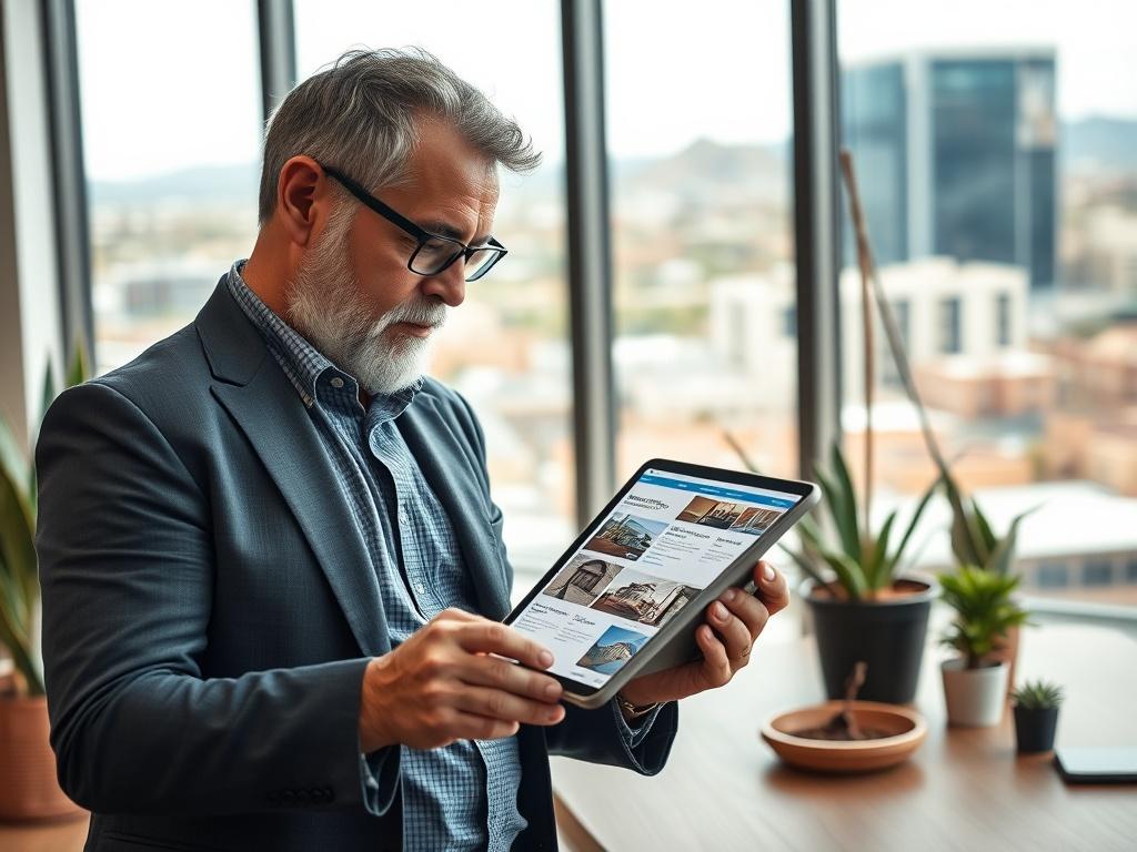 A close-up shot of a confident real estate investor examining property listings on a tablet, set in a modern office environment with a large window showcasing the Tucson skyline. The investor is a diverse middle-aged man, dressed in a smart-casual outfit, focused and engaged with the digital content. The background features potted plants and a contemporary desk, creating a professional yet warm atmosphere. The overall color tone should incorporate the rgb(248, 140, 2) primary color, enhancing the inviting f