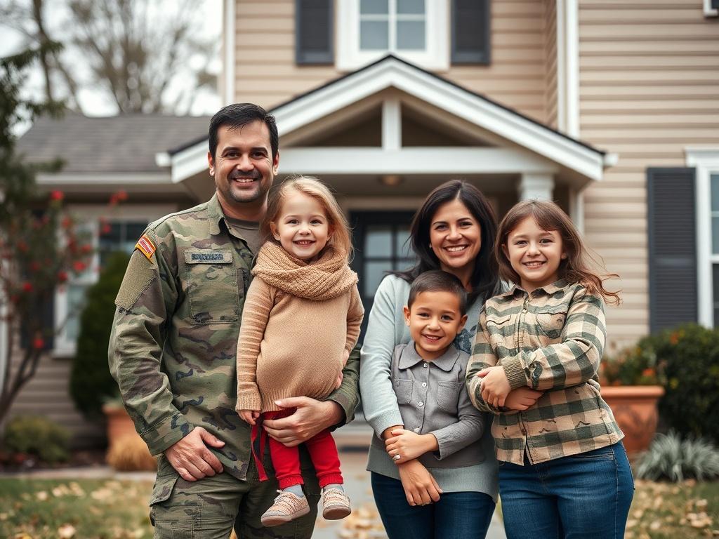 A hyper-realistic close-up shot of a happy military family standing proudly in front of their new home, with a warm and welcoming atmosphere. The image should capture the essence of family and support, shot with a 45mm f/1.2 lens to highlight details.