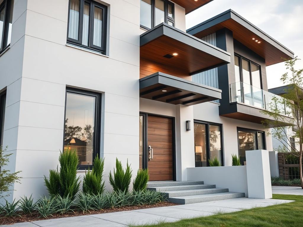 A hyper-realistic close-up shot of a successful real estate investment property, showcasing modern design elements and a well-maintained exterior. The image should represent investment success, captured with a 45mm f/1.2 lens to emphasize details.